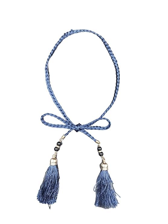 Tassel with Pearl Detailing Braided Polyester Waist Belt/Rope/Cord for Women/Girls (Blue)