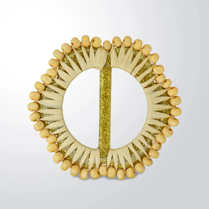 Mustard Raffia Round Buckle with Wooden Beads | 2.8 inches (7.2cm)