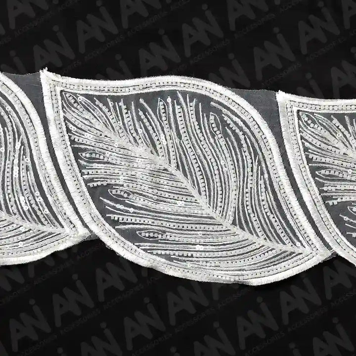 Beaded cut work Large Leaf Design Lace Trim on net | 1 meter