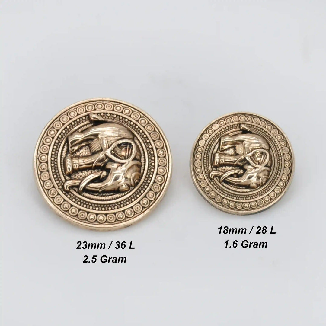 Good Luck Elephant Motif Antique Gold Metal Button | 23mm(36L) & 18mm(28L)