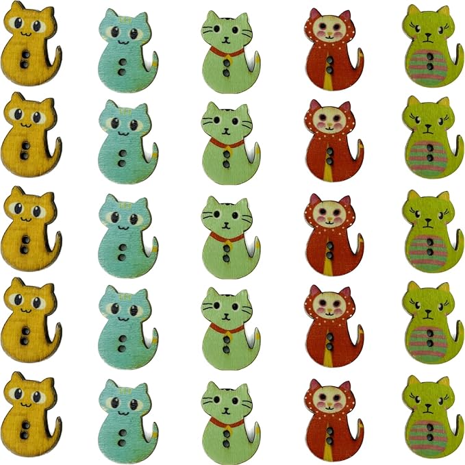 Wooden Cute Kitty Buttons(Set of 20)