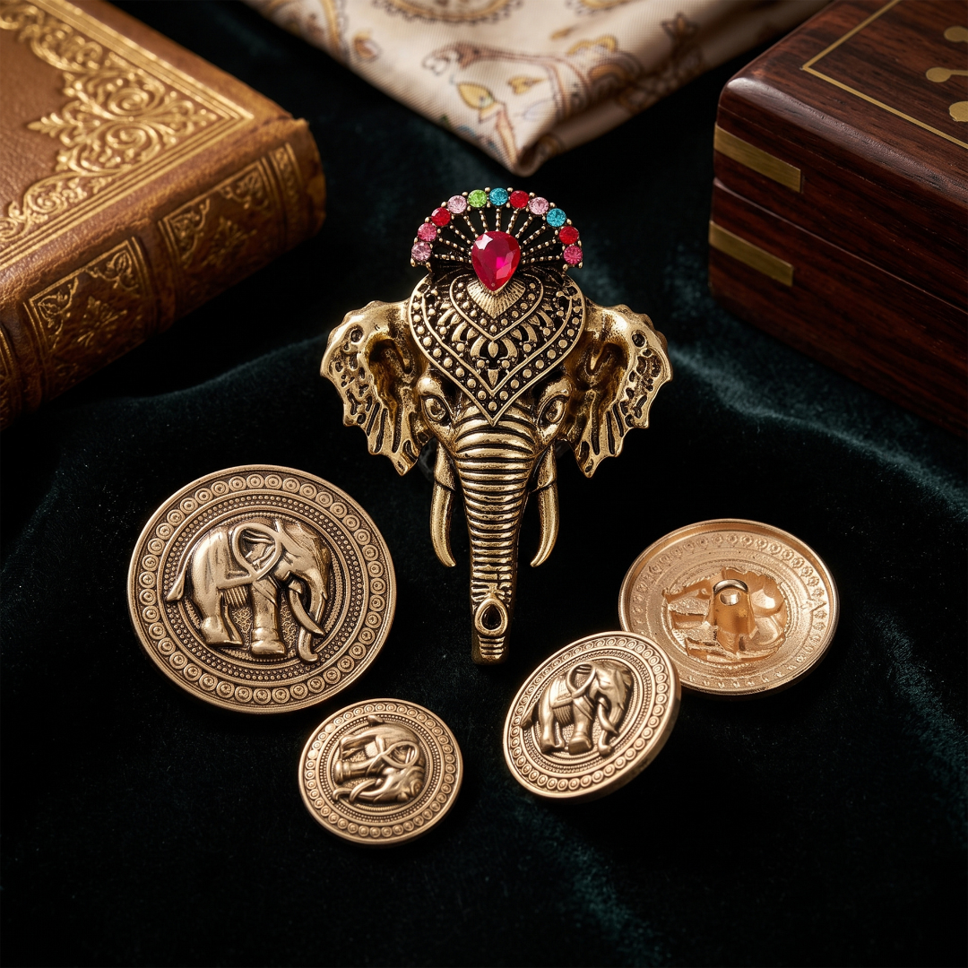 Antique Elephant Brooch & Button Combo Pack