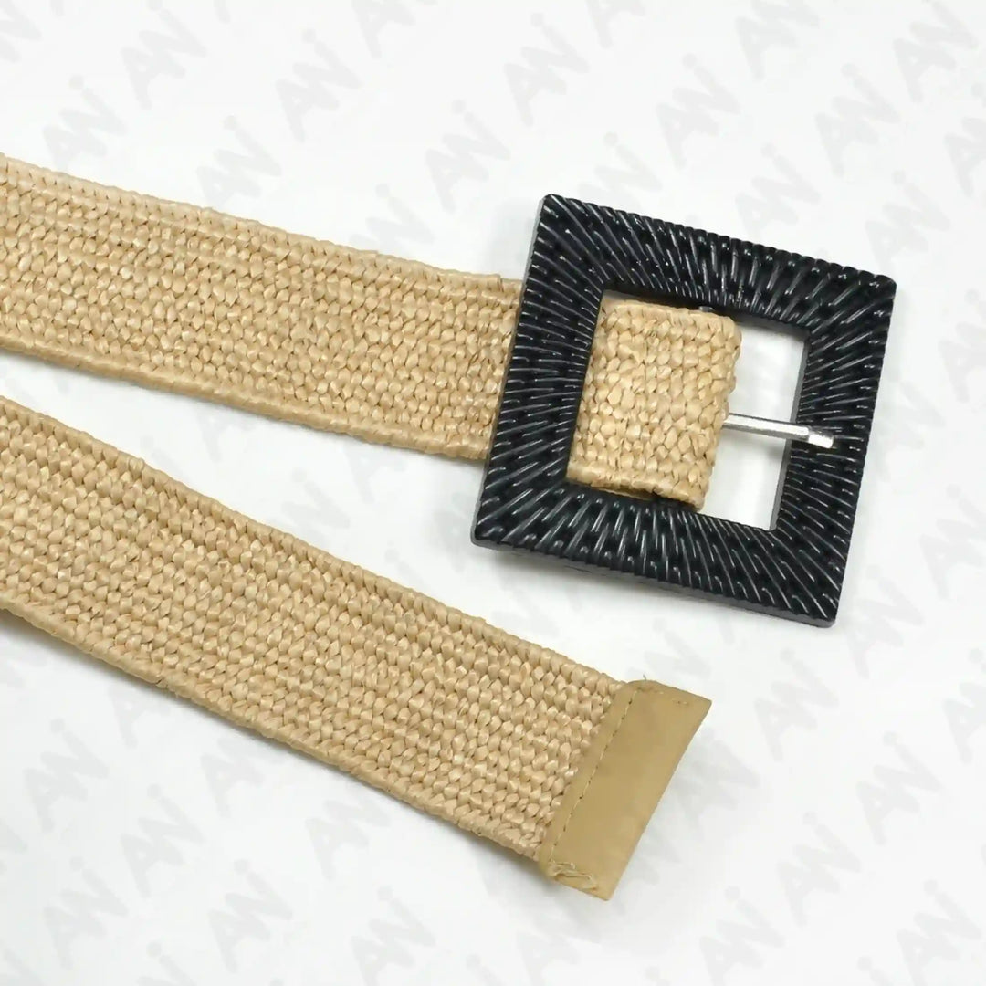 Square Black Textured Buckle Raffia Belt