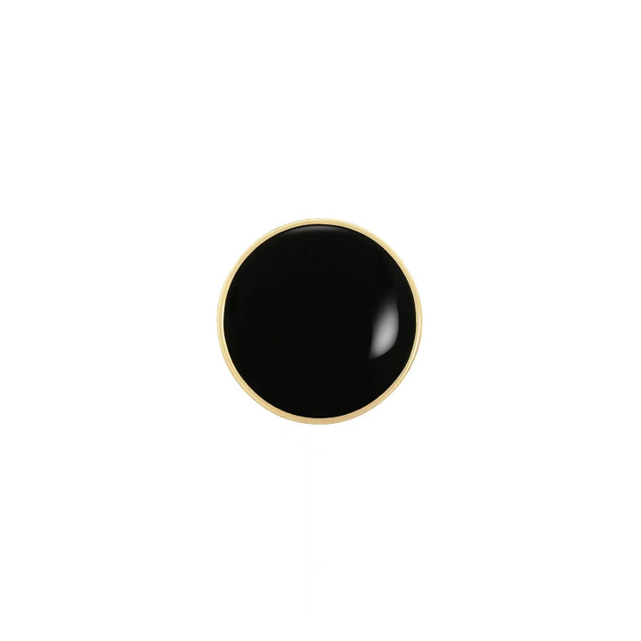 Round black resin button with polished gold metal rim (10)mm, front view on white background