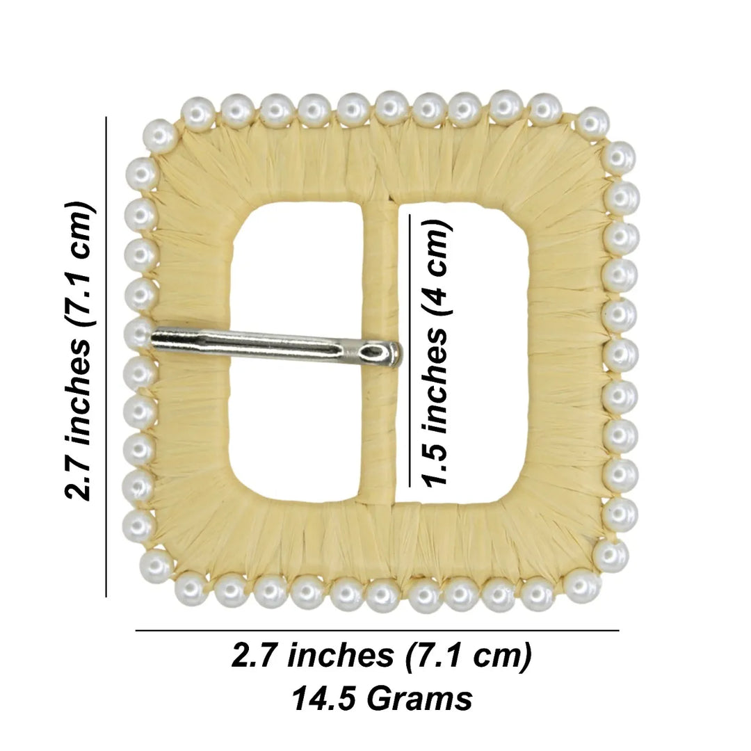 Cream Raffia Square Buckle with Pearl Border | 2.7 inches (7.1cm)