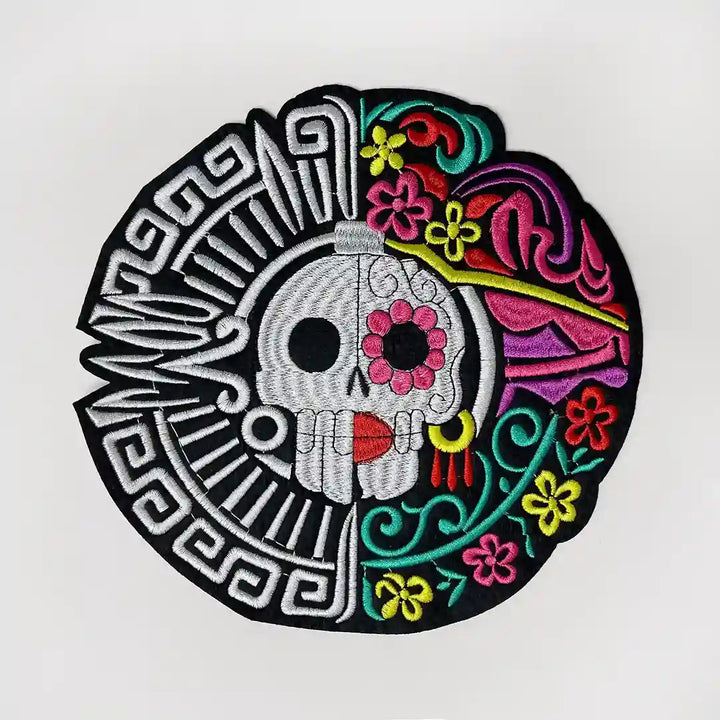 Mesoamerican Duality Skull Embroidered Hot Fix Patch