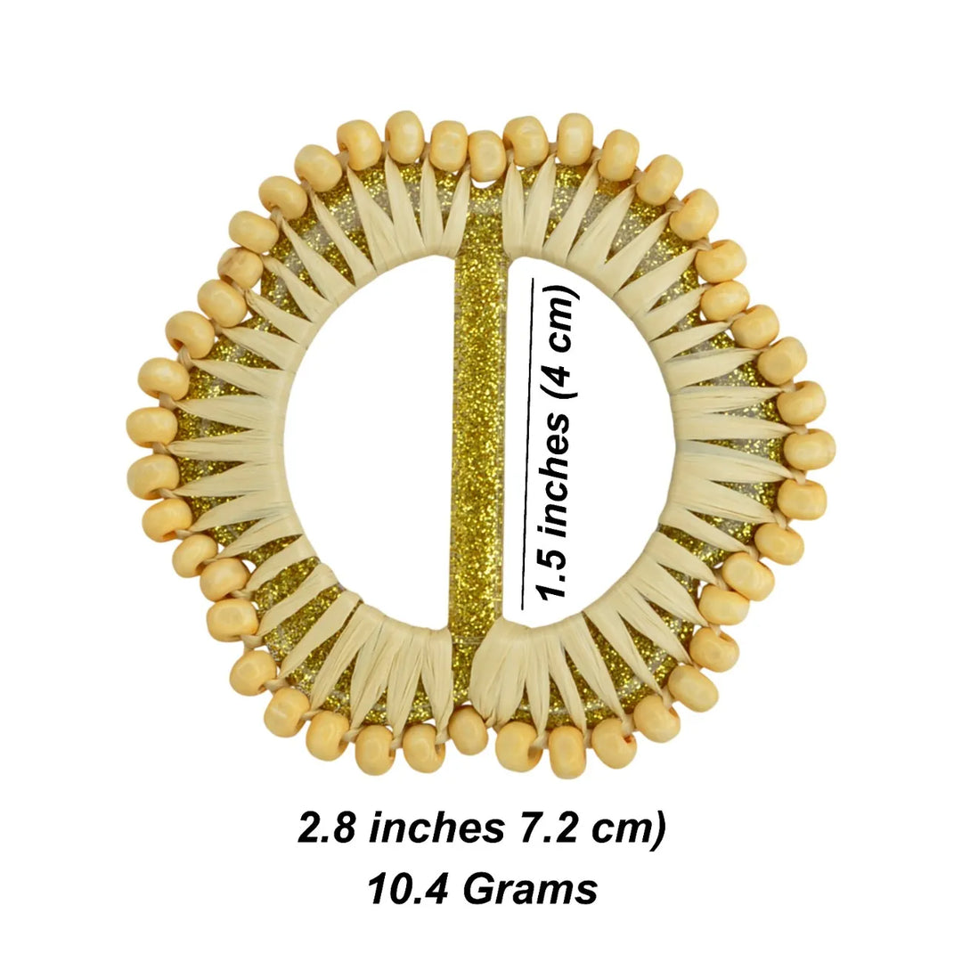 Mustard Raffia Round Buckle with Wooden Beads | 2.8 inches (7.2cm)