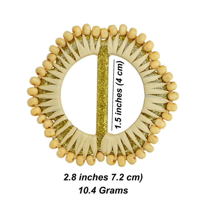 Mustard Raffia Round Buckle with Wooden Beads | 2.8 inches (7.2cm)