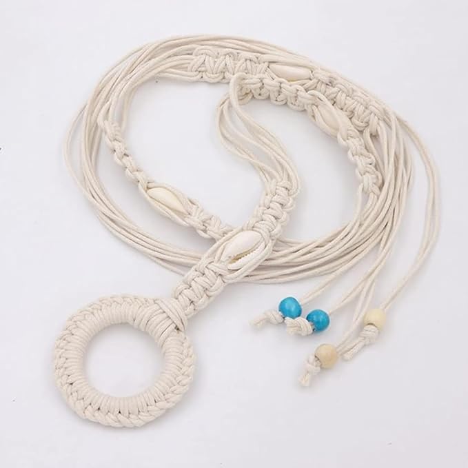 Coastal Chic Cream-Colored Macrame Belt with Shells