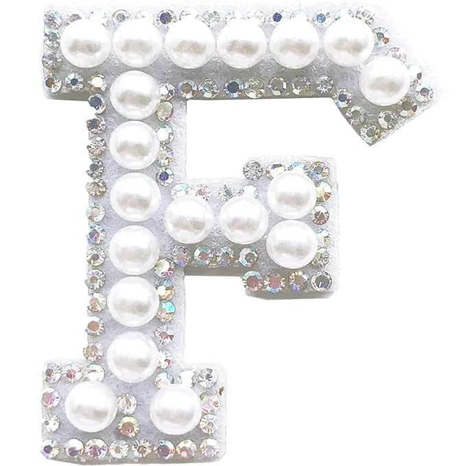 Letter F White Pearl Rhinestone Hot fix Or Sew Patch