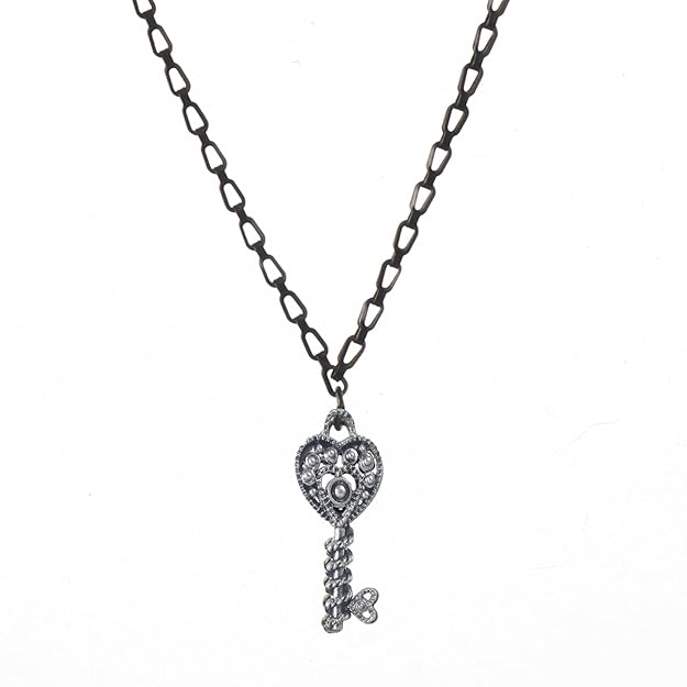 Grey link chain with silver heart key charm