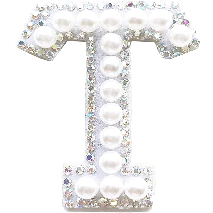 Letter T White Pearl Rhinestone Hot fix Or Sew Patch