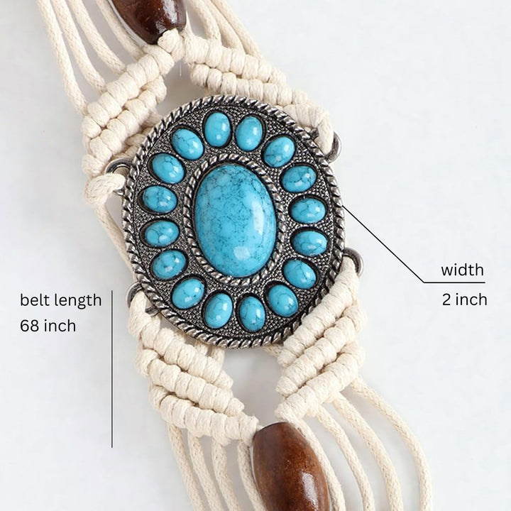 Knotted turquoise blue and brown beaded ivory white macrame belt