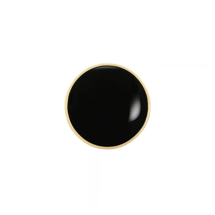 Black resin gold rim metal button in [15]mm, front view on white background
