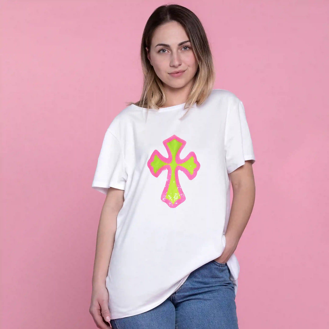 Neon Sequin Cross Appliqué Patch