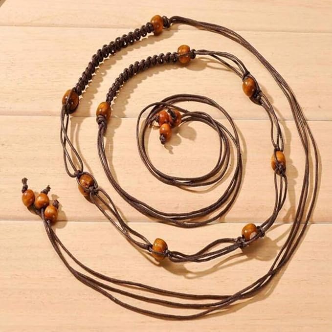 Brown Macrame Belt with Wooden Beads