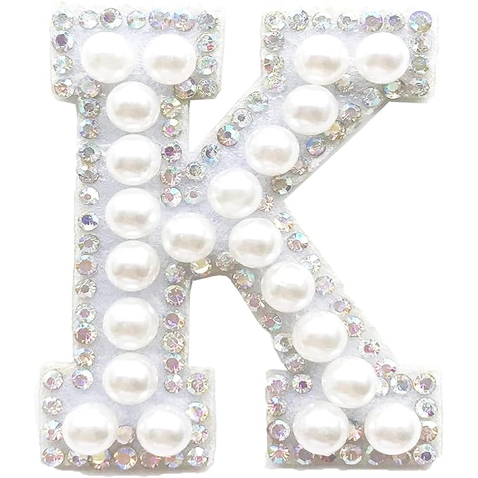 Letter K White Pearl Rhinestone Hot fix Or Sew Patch