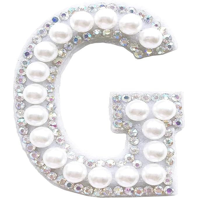 Letter G White Pearl Rhinestone Hot fix Or Sew Patch