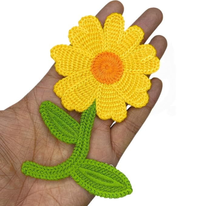 Crochet Sun Flower with Leaves Sew On Applique Patches