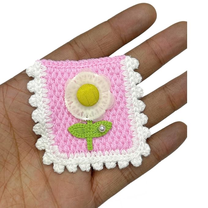 Pink Flower with Green Leaves Crochet Sew Patch With Shield