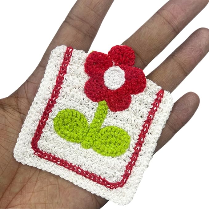 Pink Floral Patch with Green Leaves Sew On Applique Crochet Patch