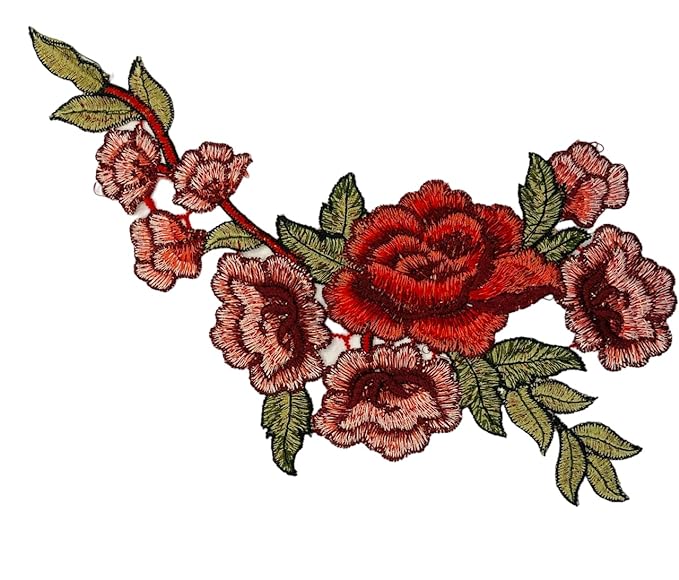 Two Piece Red Rose Flower Embroidered Sew On & Heat Transfer Applique Patch