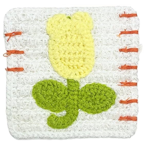 Crochet Yellow Tulip Flower with Leaves Sew On Applique Crochet Patches