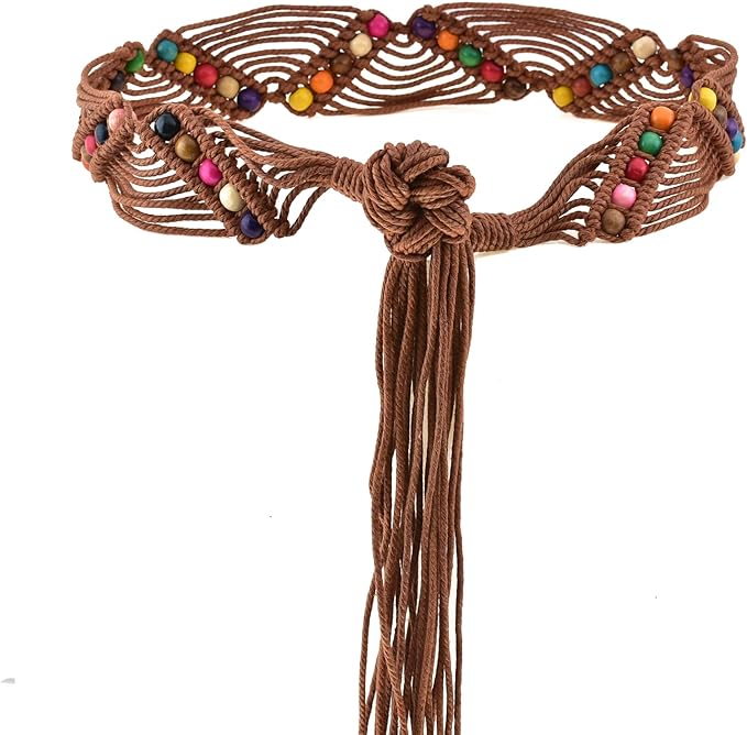 Multicolor beaded with caramel brown boho rope Macrame belt