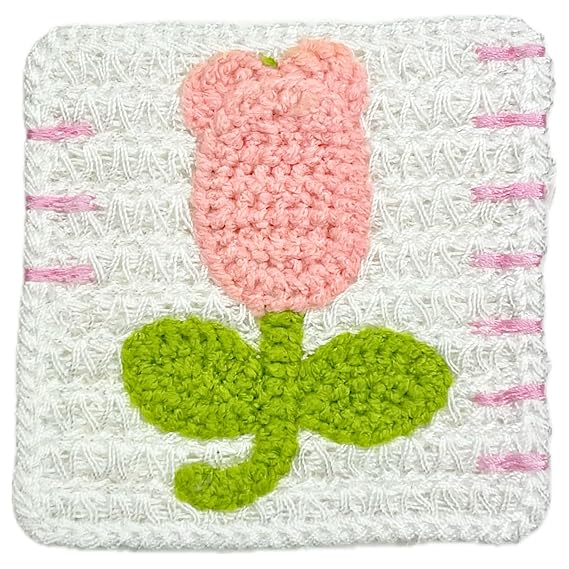 Crochet Yellow Tulip Flower with Leaves Sew On Applique Crochet Patches