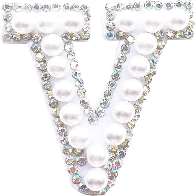 Letter V White Pearl Rhinestone Hot fix Or Sew Patch