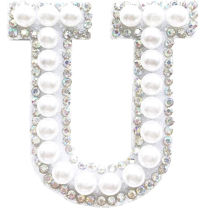 Letter U White Pearl Rhinestone Hot fix Or Sew Patch