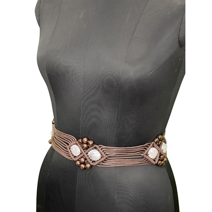 Brown Macrame Belt with White Beads