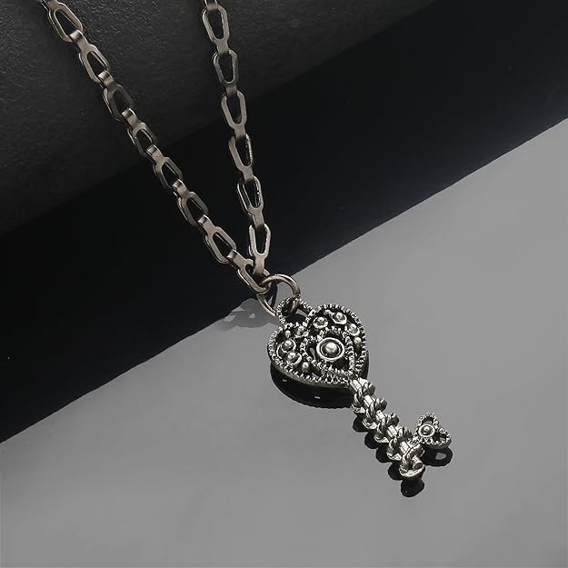 Grey link chain with silver heart key charm