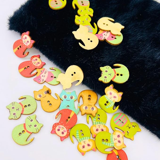 Wooden Cute Kitty Buttons(Set of 6 Buttons)