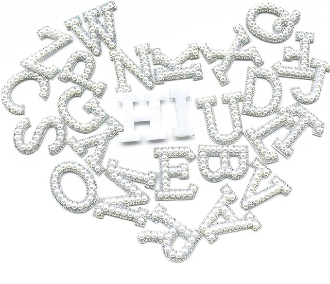 Letter V White Pearl Rhinestone Hot fix Or Sew Patch