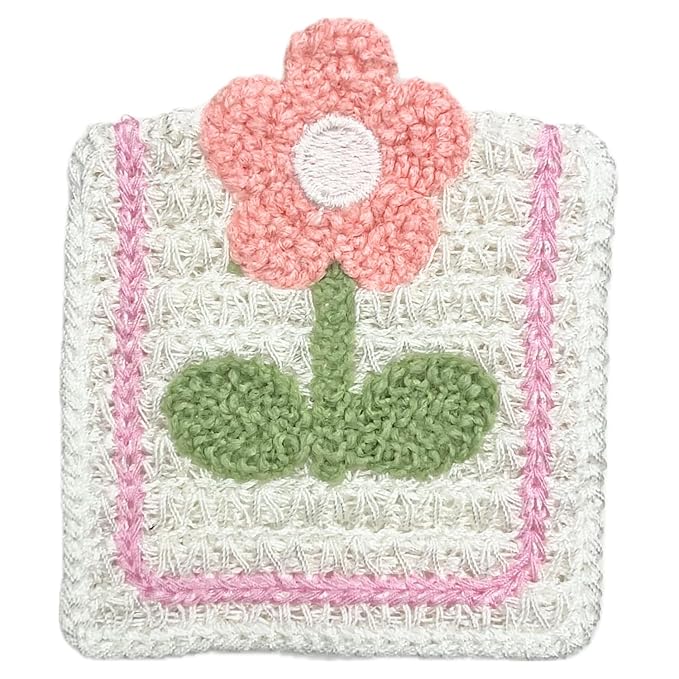 Pink Floral Patch with Green Leaves Sew On Applique Crochet Patch