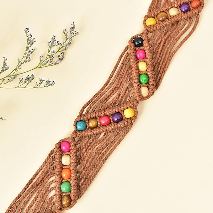 Multicolor beaded with caramel brown boho rope Macrame belt