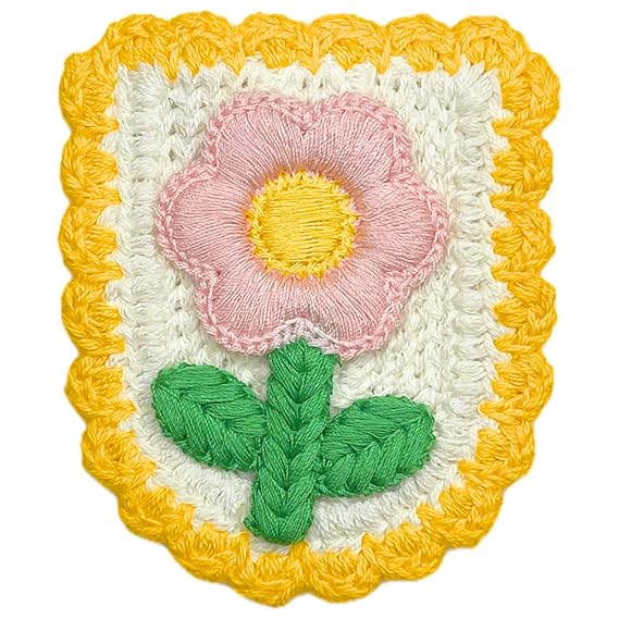 Pink Flower with Green Leaves Crochet Sew Patch With Shield