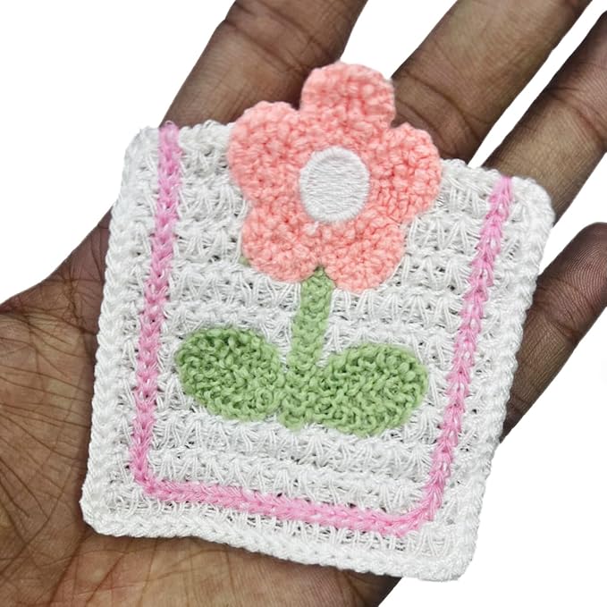 Pink Floral Patch with Green Leaves Sew On Applique Crochet Patch