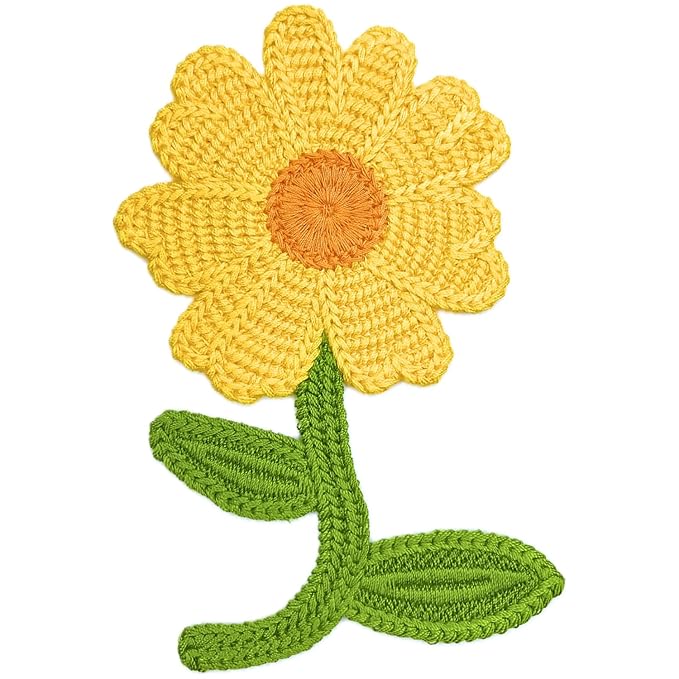 Crochet Sun Flower with Leaves Sew On Applique Patches