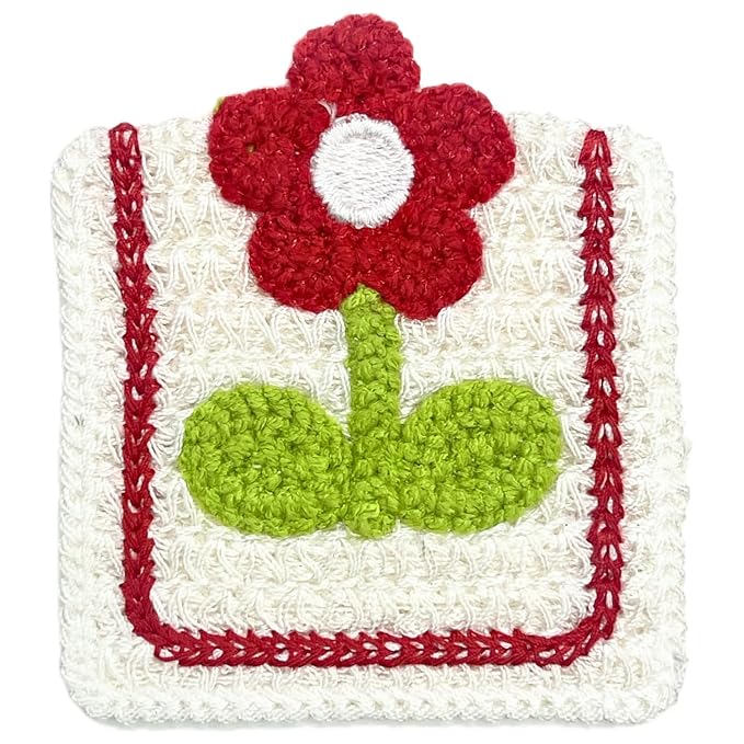 Pink Floral Patch with Green Leaves Sew On Applique Crochet Patch