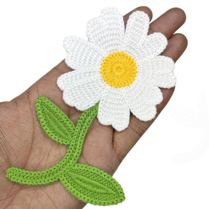 Crochet Sun Flower with Leaves Sew On Applique Patches