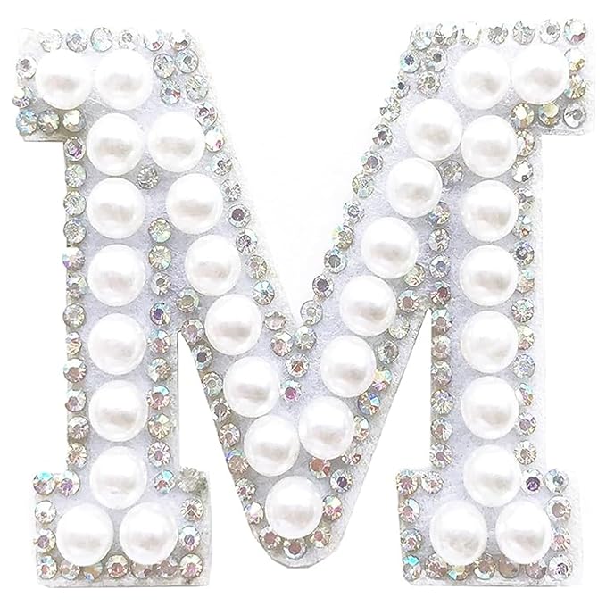 Letter M White Pearl Rhinestone Hot fix Or Sew Patch