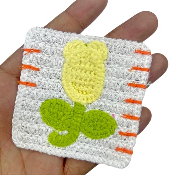 Crochet Yellow Tulip Flower with Leaves Sew On Applique Crochet Patches