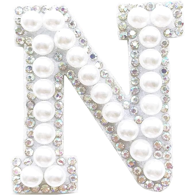 Letter N White Pearl Rhinestone Hot fix Or Sew Patch