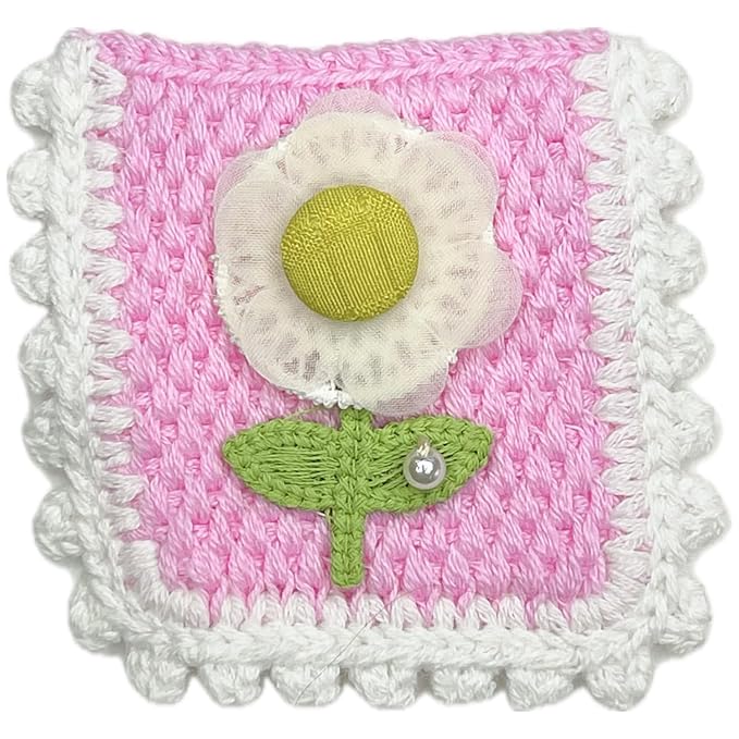 Pink Flower with Green Leaves Crochet Sew Patch With Shield