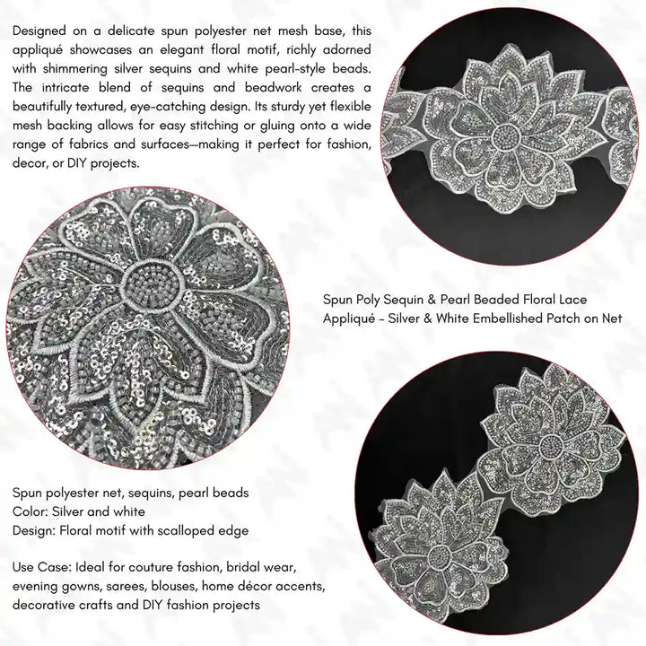 Beaded cut work Lotus Lace Trim on net | 1 meter
