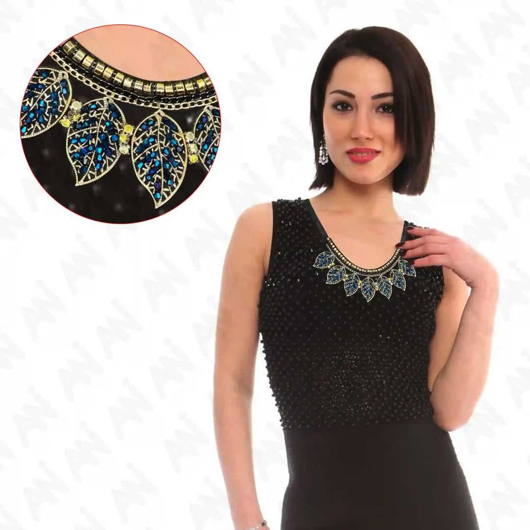 Beaded Leaf Round Neckline