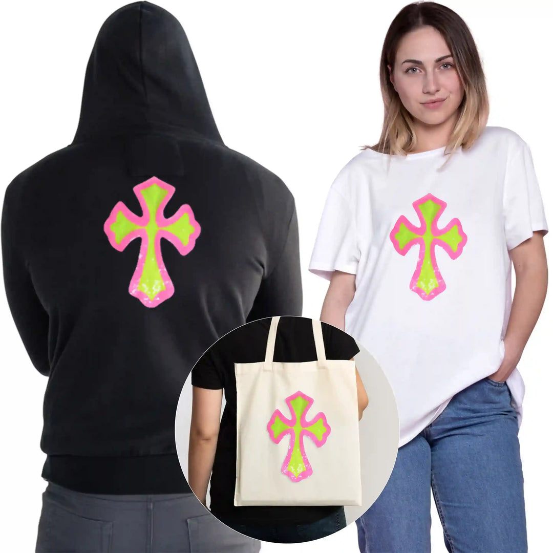 Neon Sequin Cross Appliqué Patch