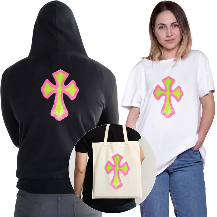 Neon Sequin Cross Appliqué Patch